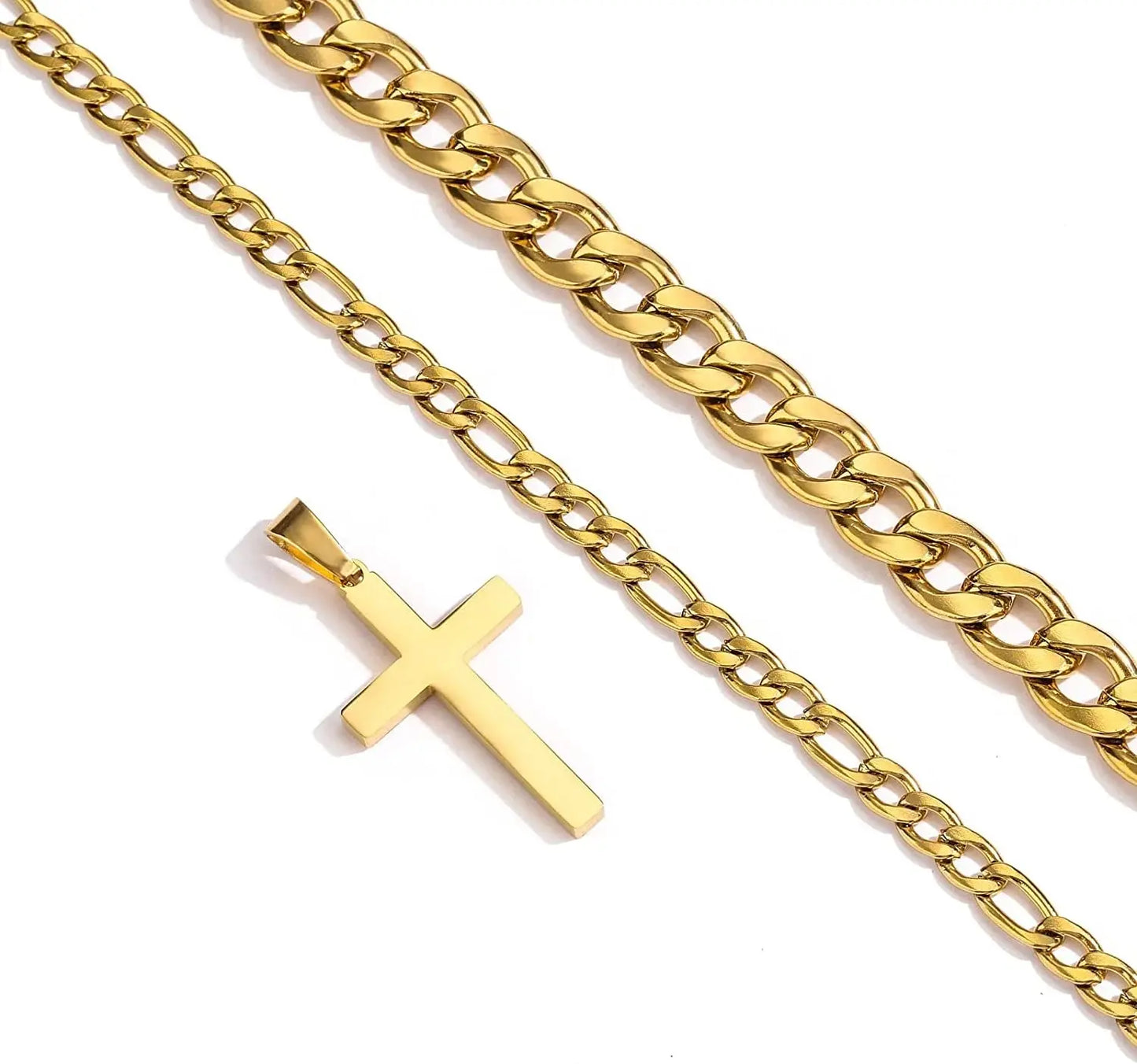 Stylish Layered Gold Cross Necklaces Set for Men and Boys - Durable Stainless Steel Cuban Figaro Pendant Chains - Perfect Religious Gifts for Baptism, First Communion, and Special Occasions