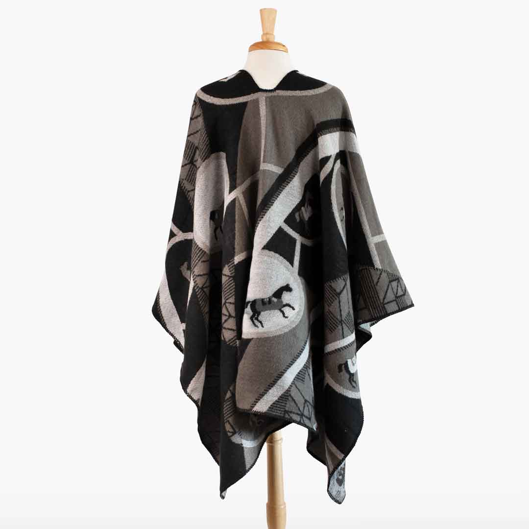 Adina -  Equestrian Motif Shawl in Charcoal Wrap Urban-Equestrian