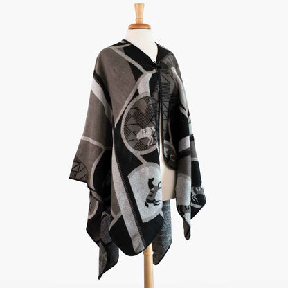 Adina -  Equestrian Motif Shawl in Charcoal Wrap Urban-Equestrian