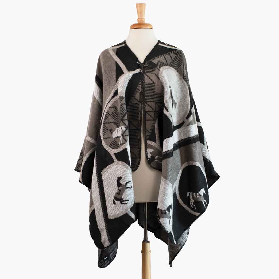 Adina -  Equestrian Motif Shawl in Charcoal Wrap Urban-Equestrian