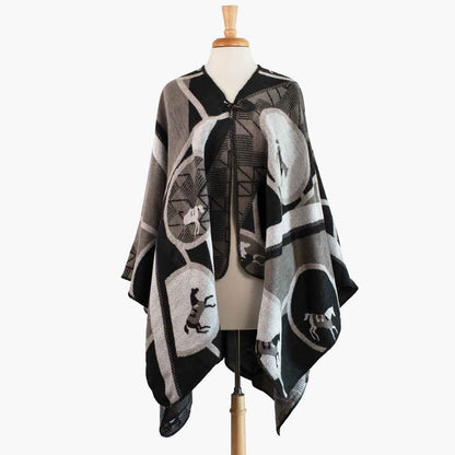 Adina -  Equestrian Motif Shawl in Charcoal Wrap Urban-Equestrian