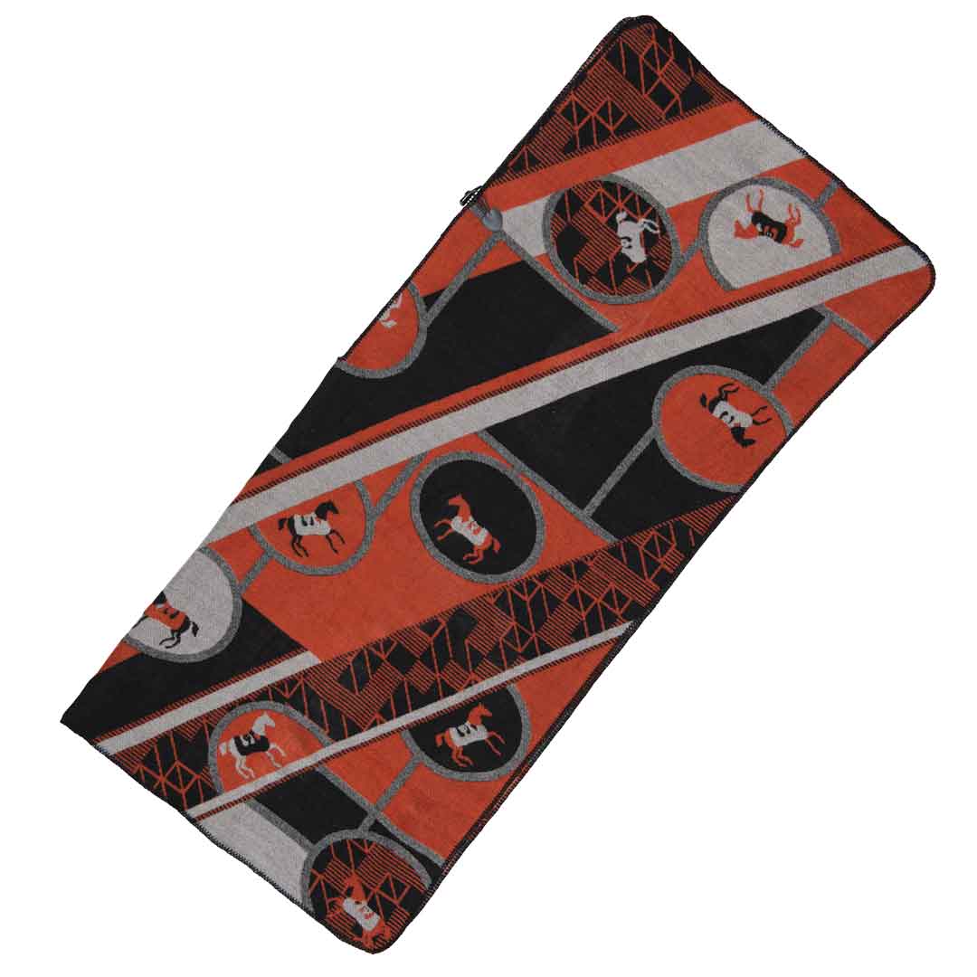 Adina -  Equestrian Motif Shawl in Tangerine, Charcoal and Black Luxe Wrap Urban-Equestrian