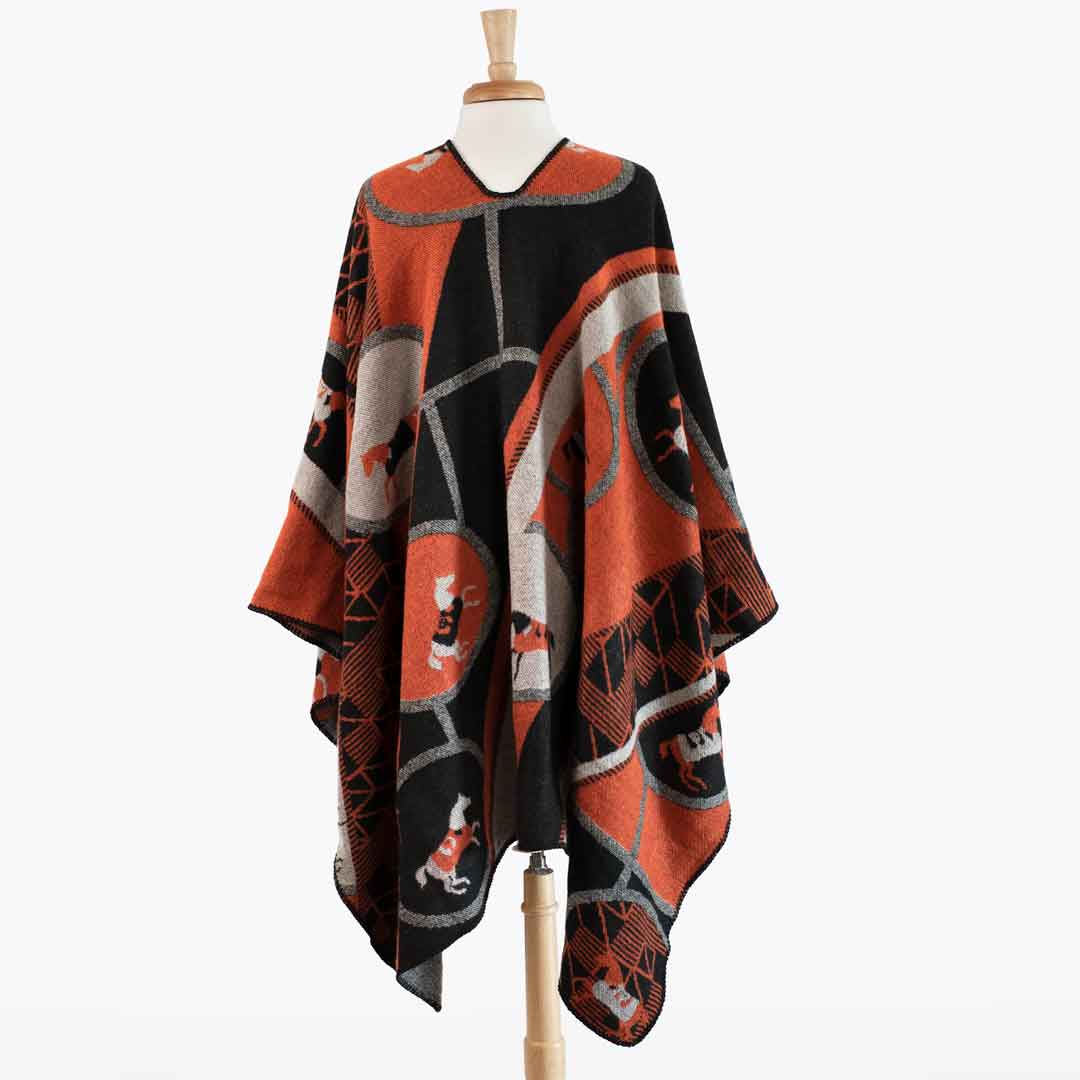 Adina -  Equestrian Motif Shawl in Tangerine, Charcoal and Black Luxe Wrap Urban-Equestrian