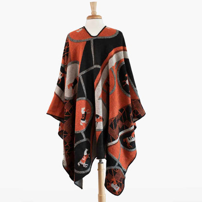 Adina -  Equestrian Motif Shawl in Tangerine, Charcoal and Black Luxe Wrap Urban-Equestrian