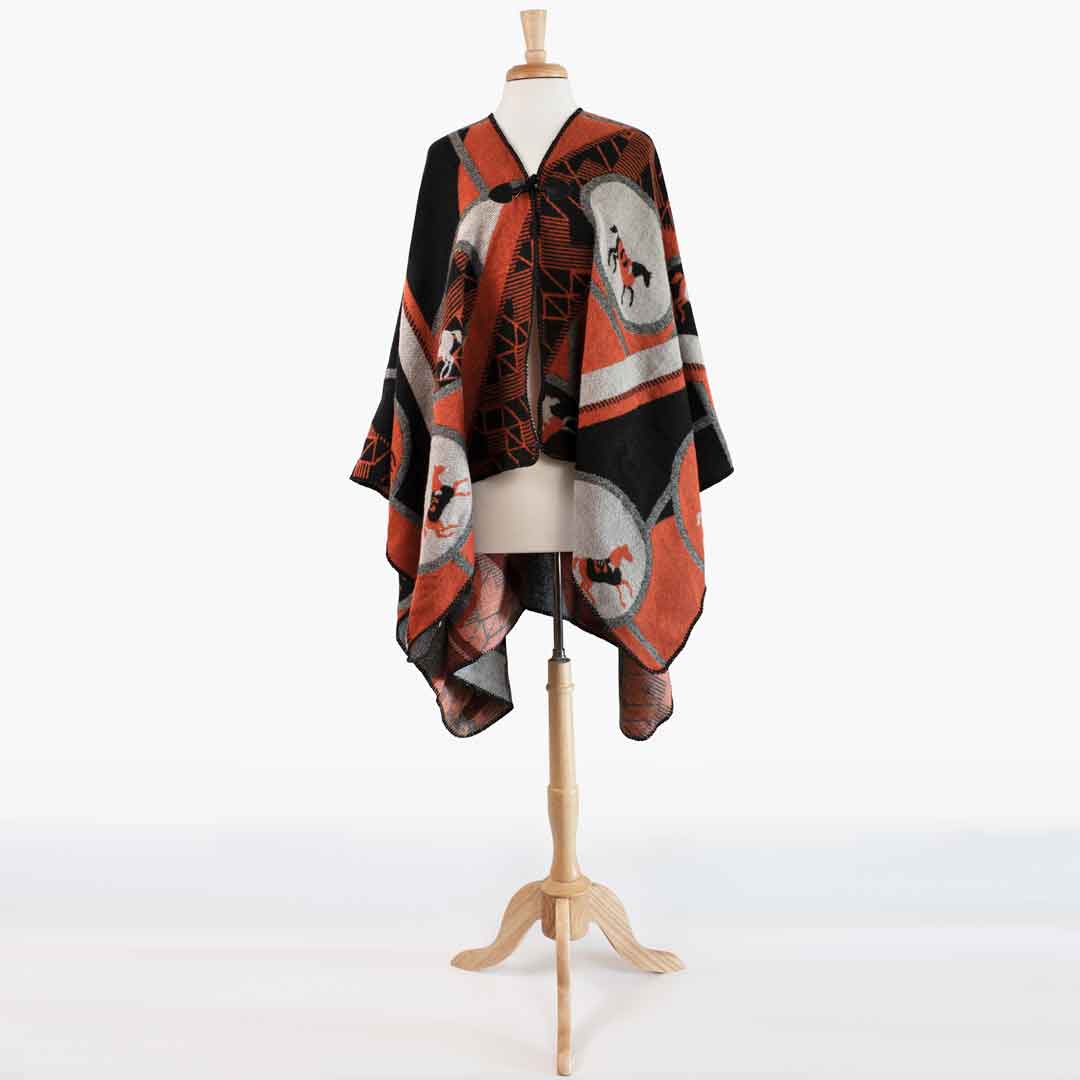 Adina -  Equestrian Motif Shawl in Tangerine, Charcoal and Black Luxe Wrap Urban-Equestrian