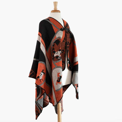 Adina -  Equestrian Motif Shawl in Tangerine, Charcoal and Black Luxe Wrap Urban-Equestrian