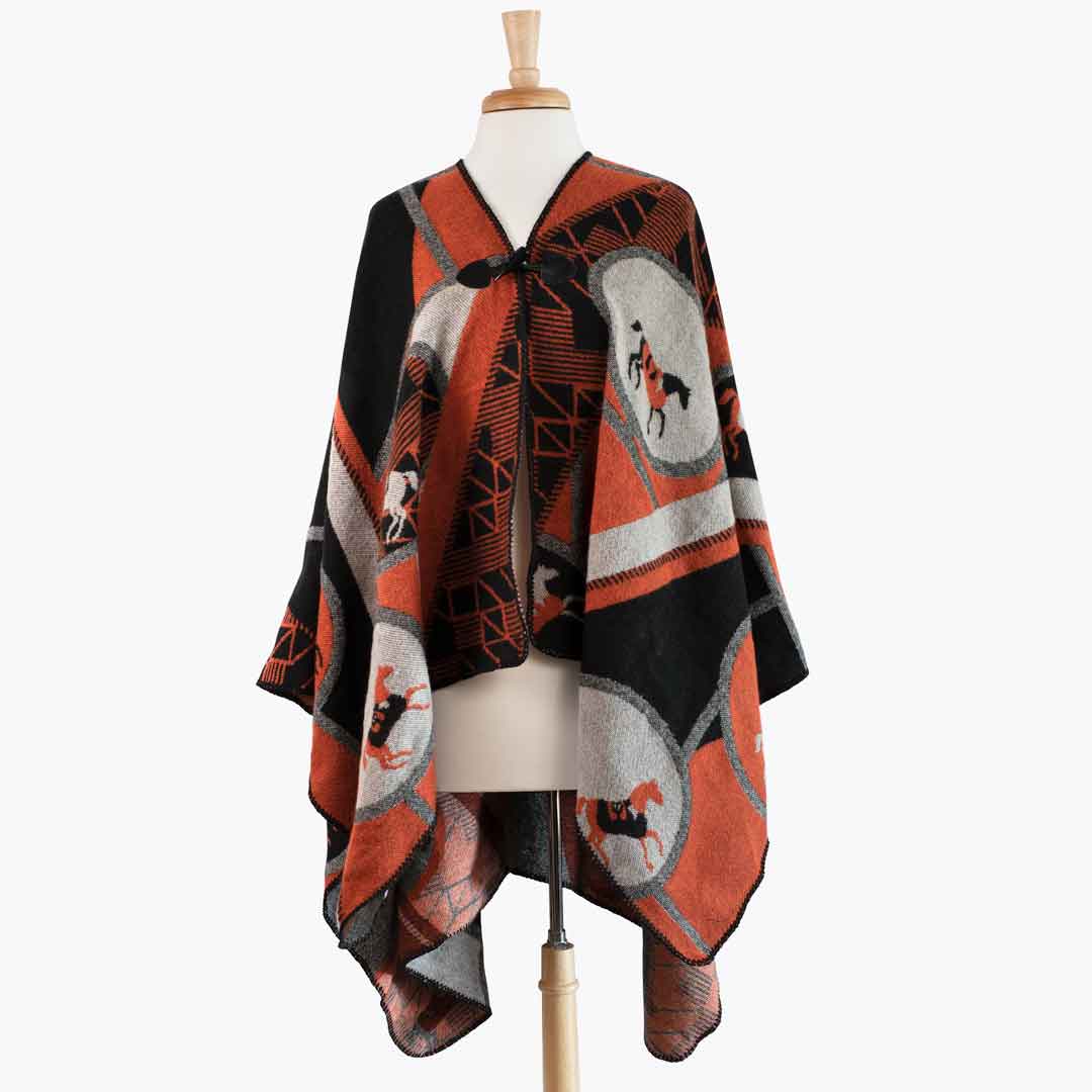 Adina -  Equestrian Motif Shawl in Tangerine, Charcoal and Black Luxe Wrap Urban-Equestrian