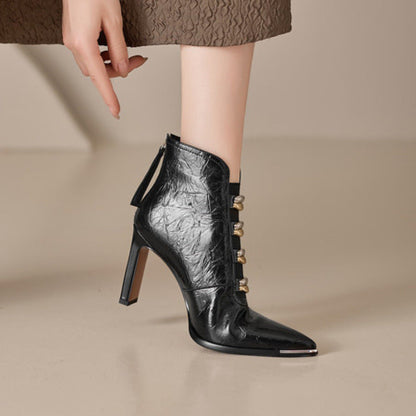 Women's Satin Pointed Toe Chunky Heel Short Boots – Ultra High Heel FitiqueFit