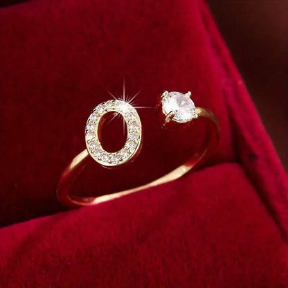 Adjustable Copper Initial Ring with Four-Claw Round Zirconia