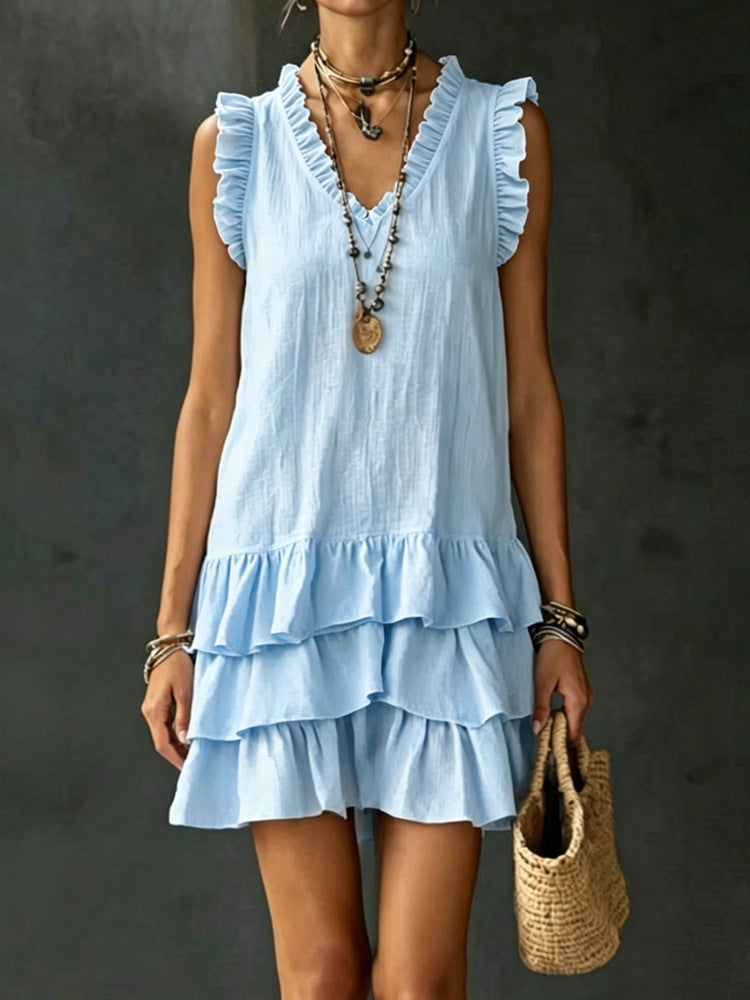 V-Neck Ruffle-Trim Tiered Sleeveless Midi Dress – 4 Colors, S–XXL FitiqueFit
