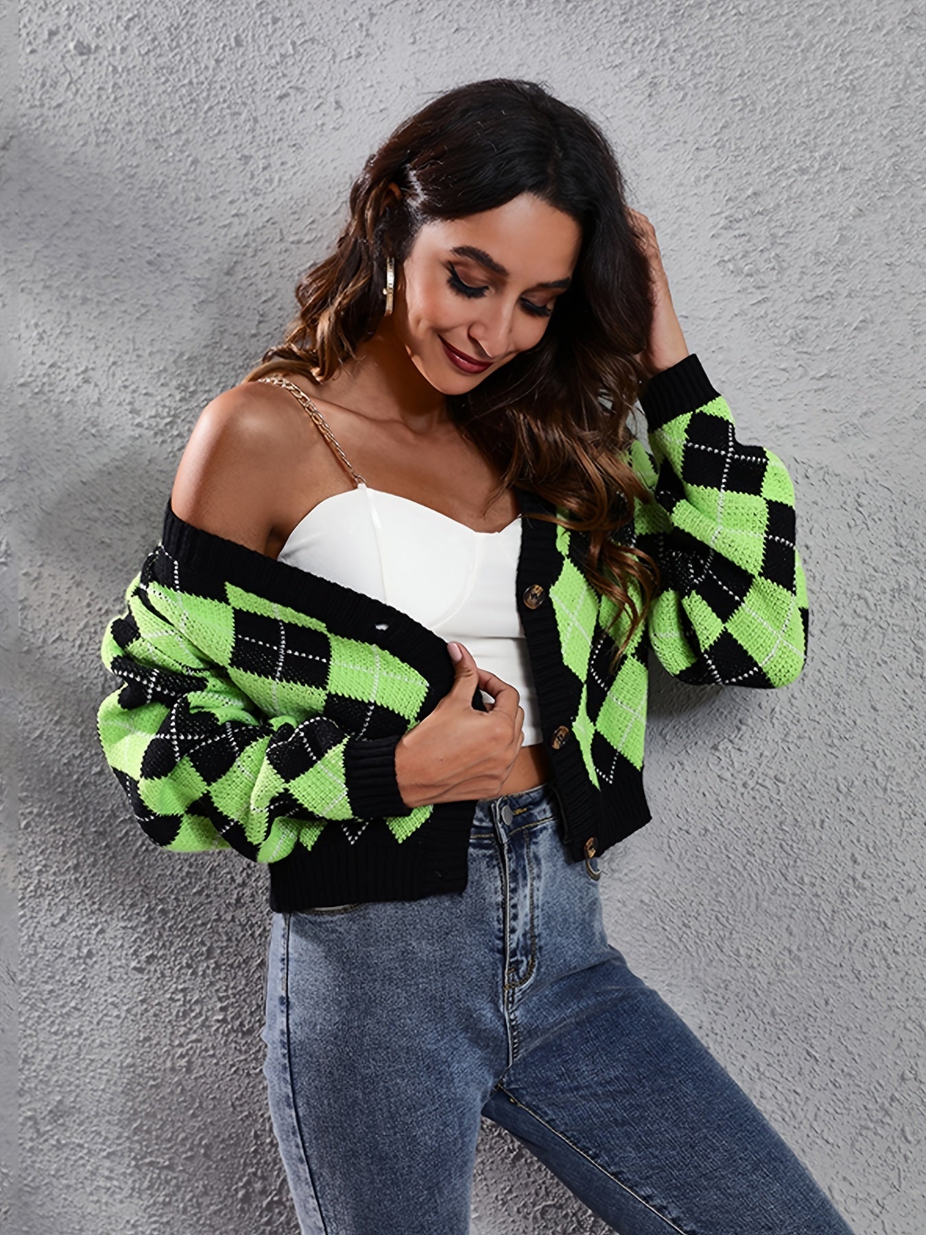 Women'S Elegant Tartan Knit Cardigan, V-Neck Short Length Sweater with Button Detail, Acrylic 100% Long Sleeve Knitwear for Fall/Winter NovaCart
