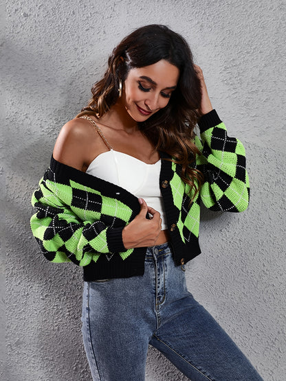 Women'S Elegant Tartan Knit Cardigan, V-Neck Short Length Sweater with Button Detail, Acrylic 100% Long Sleeve Knitwear for Fall/Winter NovaCart