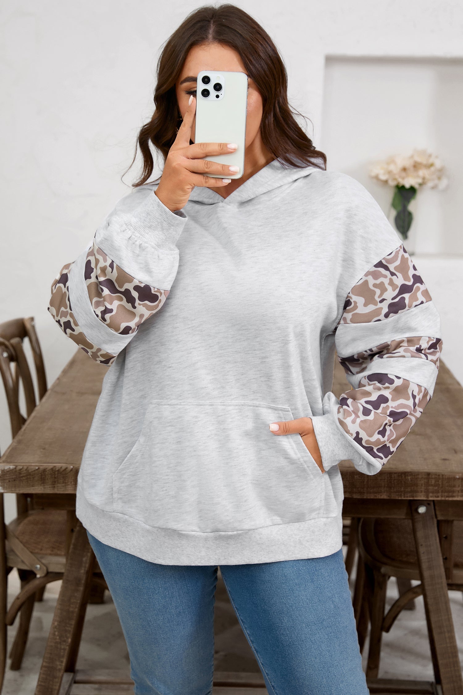 Light Grey Camouflage Patchwork Asymmetric Sleeve Plus Size Hoodie Garden Naked Curves