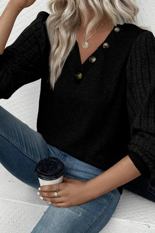 Buttoned V Neck Ribbed Puff Sleeve Top Shop Style & More | Fresh Looks, Everyday Deals & Free Shipping