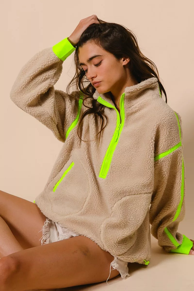 BiBi Contrast Edge Half Zip Up Sherpa Jacket FitiqueFit