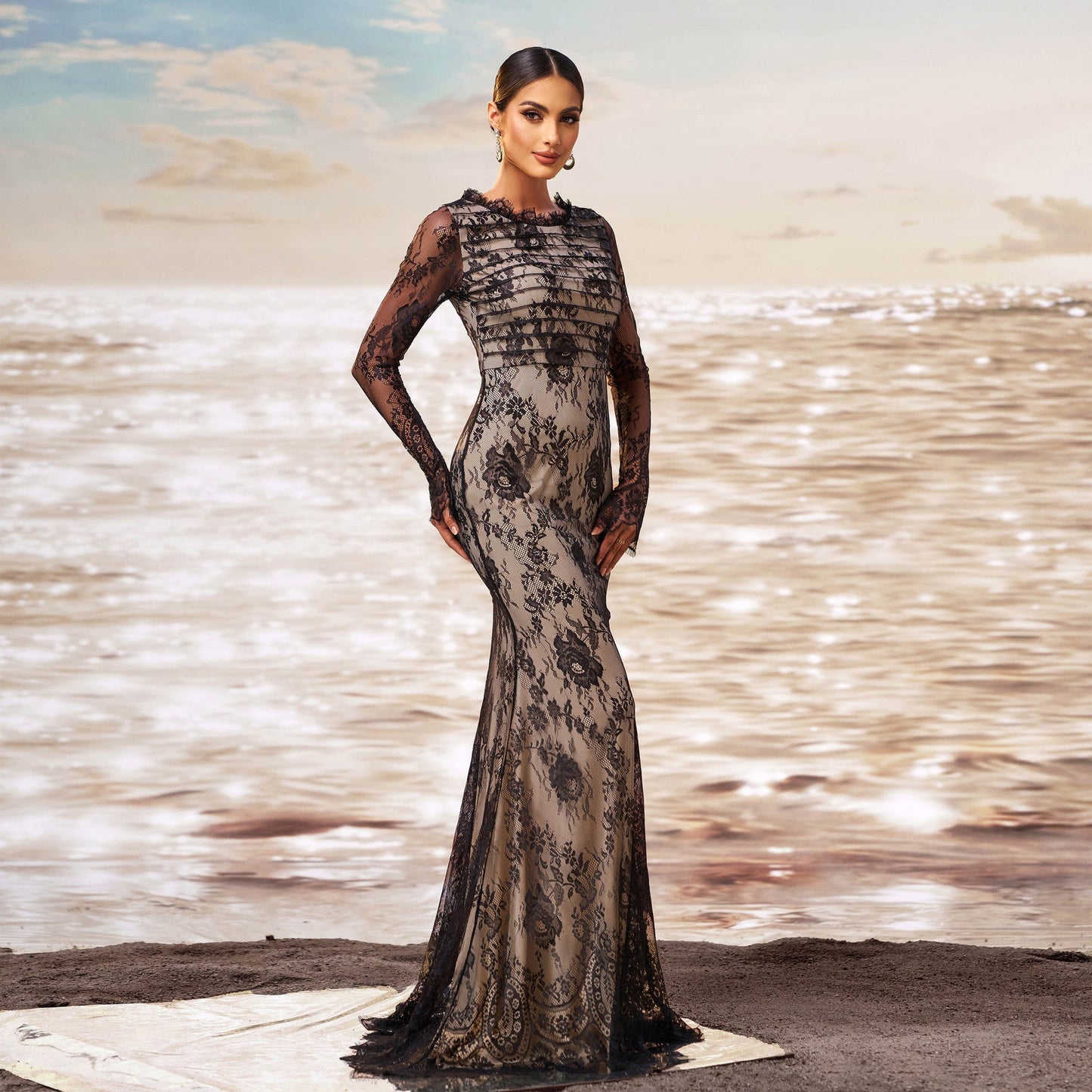 Long Sleeve Round Collar Gauze Sheath Fishtail Evening Dress Grayceful LLC