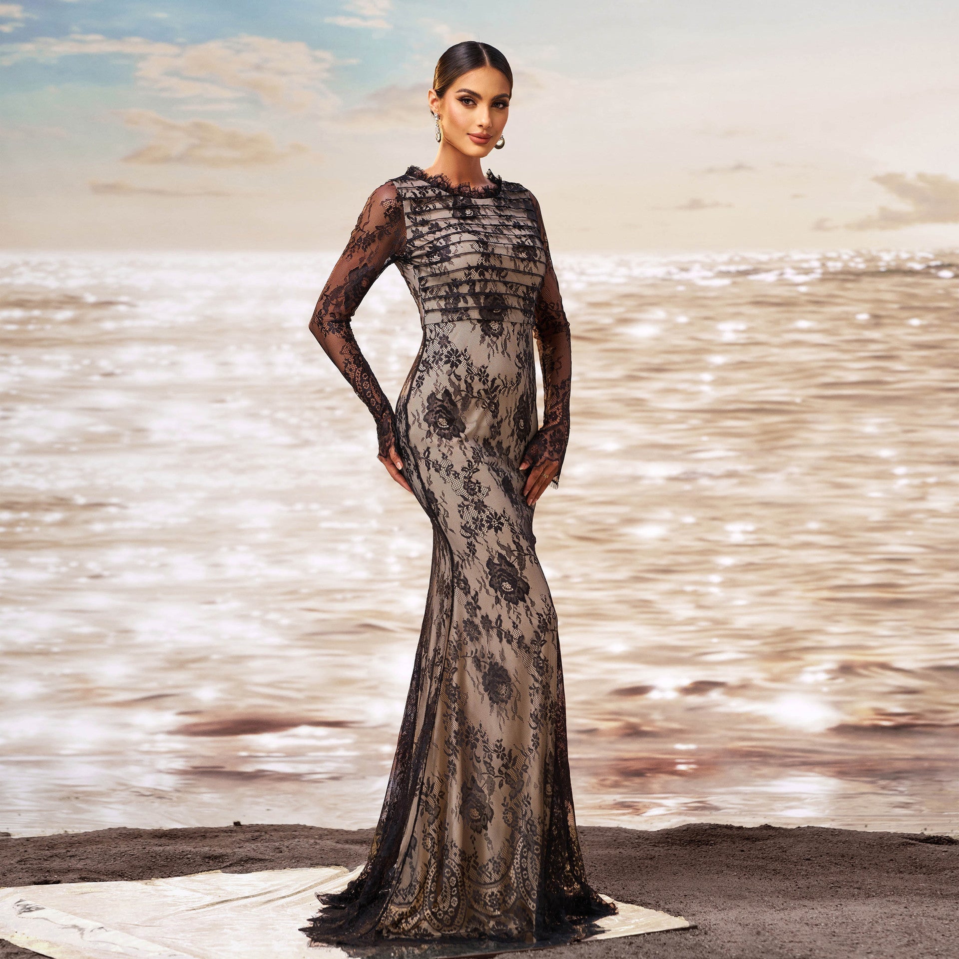 Long Sleeve Round Collar Gauze Sheath Fishtail Evening Dress Grayceful LLC