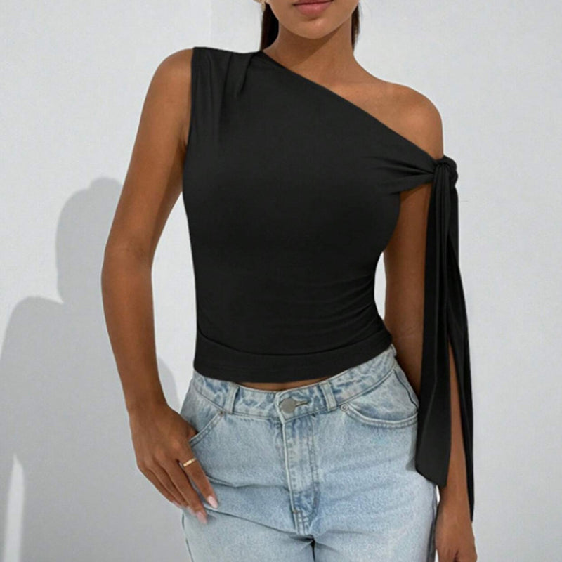 Women’s One-Shoulder Asymmetrical Tie Shoulder Top – Going Out & Party Shirt FitiqueFit