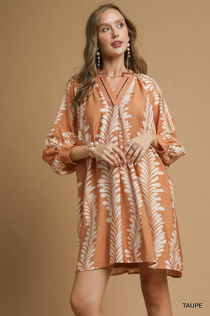 Umgee Leaf Print Notched Mini Babydoll Dress West2East Surf