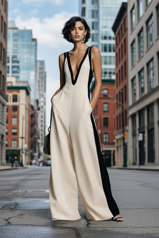 Women's Sleeveless V-Neck Contrast Color Wide-Leg Jumpsuit FitiqueFit