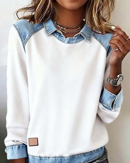 Denim Collar Patchwork Pullover Knitwear Top – Women’s Street Style FitiqueFit