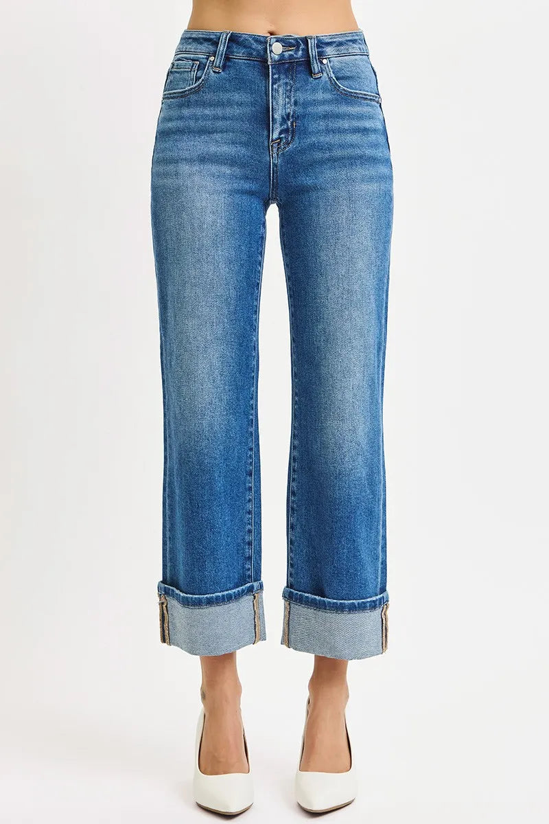 RISEN Full Size Mid Rise Crop Straight Cuffed Jeans Plus Size West2East Surf