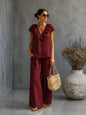 Women's V-Neck Ruffled Hem Top & Wide-Leg Pants Two-Piece Set FitiqueFit