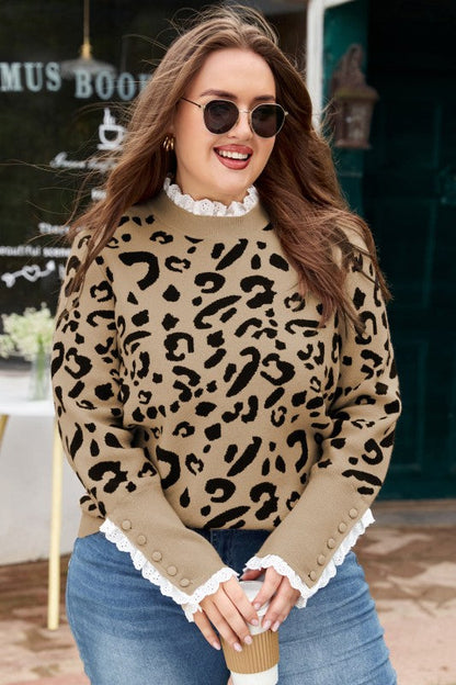 Plus Size Leopard Knit Lacy Trim Long Sleeve Sweat Shop Style & More | Fresh Looks, Everyday Deals & Free Shipping
