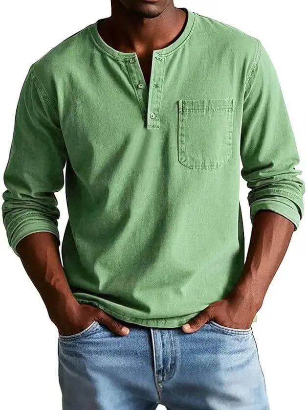 Men's V-neck Long-sleeved Pullover Top with Button Design SnagBag
