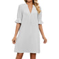 European American Summer New Solid Color And V-neck Loose Pleated Half-length Sleeve Dress Grayceful LLC