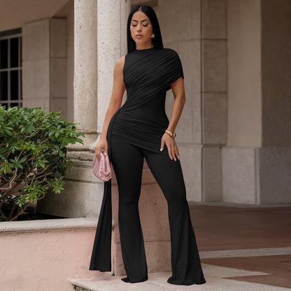Women's Crew-Neck Pleated Ribbon Flare Jumpsuit FitiqueFit