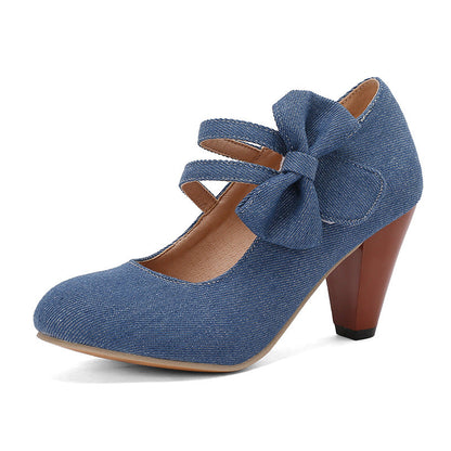 Round Toe High Heels Denim Bow See size chart under “more details” The Fashion Celestial