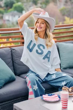BiBi 4th Of July Usa Letter Patchwork French Terry Top New Era Fashion LLc
