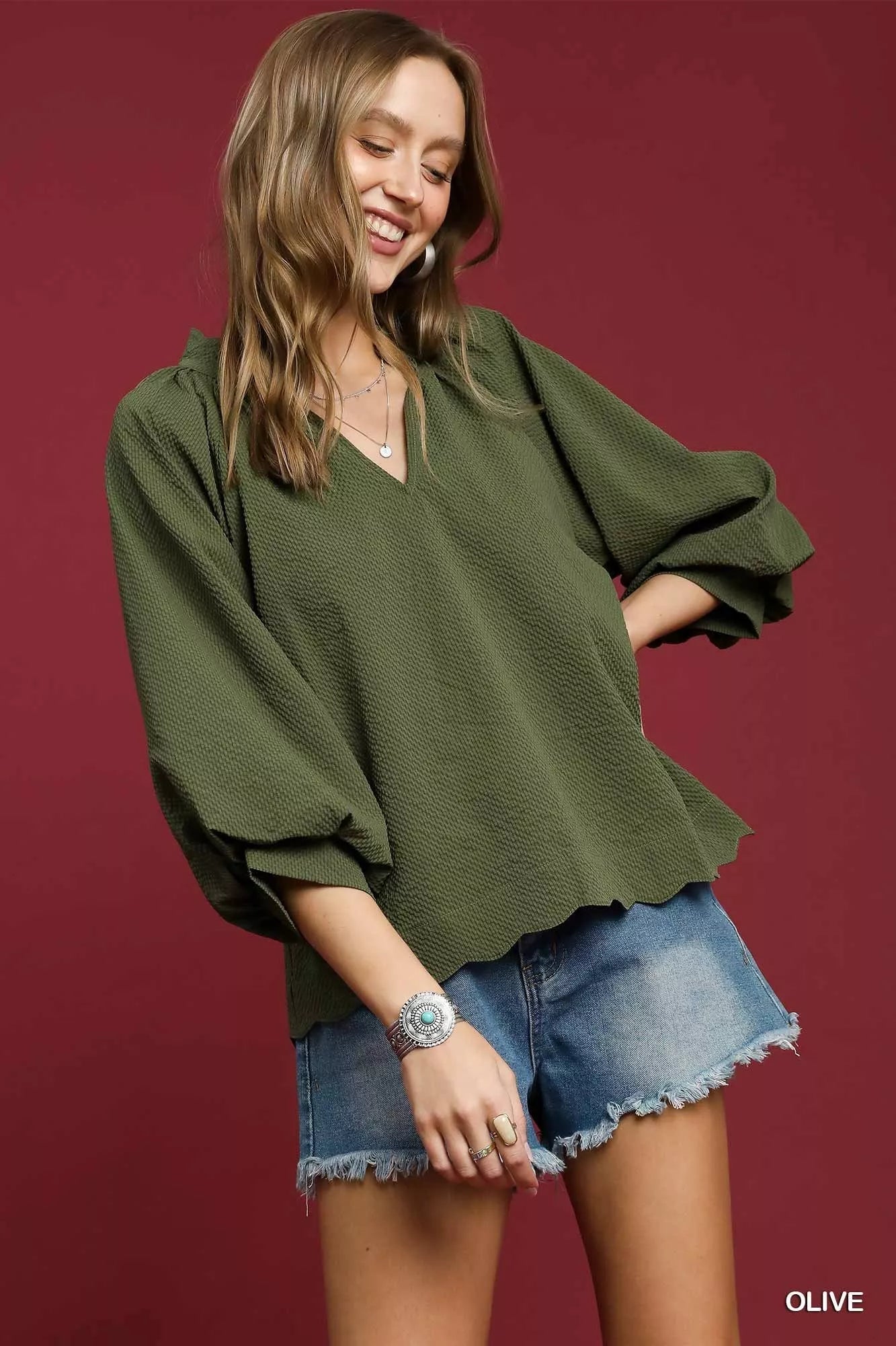Umgee Full Size Textured Notched Balloon Sleeve Blouse Plus Size Garden Naked Curves