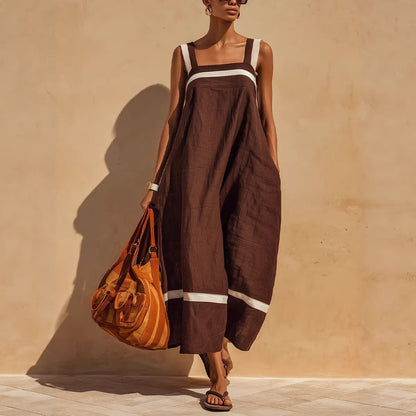 Women's Contrast Strap Casual Loose Midi Dress – Linen Blend FitiqueFit