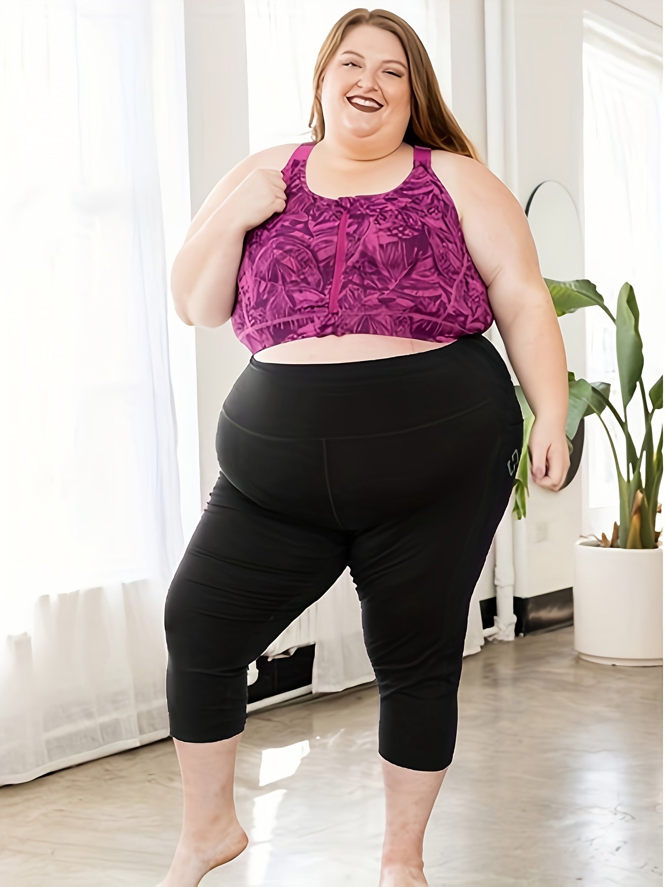 Women'S Plus Size Capri Leggings, High Waist Tummy Control, 4X Stretch, Pocket Detail, Solid Black, Knit Fabric, Polyester 92%, Spandex 8%, 210g/m², All Season Skinny Yoga Pants NovaCart