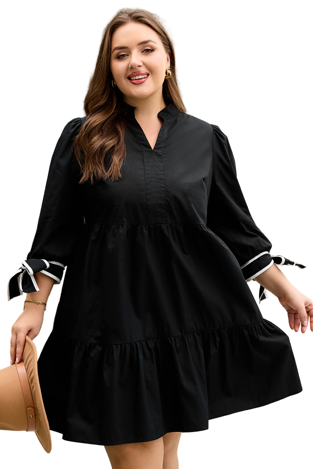 Black Contrast Trim Knot Cuffs Plus Size V Neck Mini Dress Garden Naked Curves