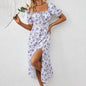 Square Neck Floral Print Dress With Puff Sleeves & Side Slit Maxi Dress FitiqueFit