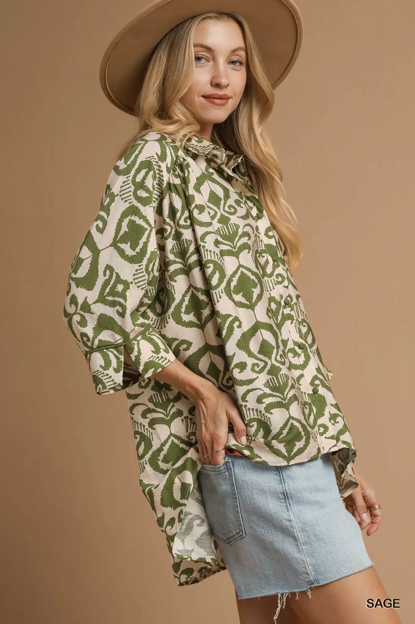 Umgee Abstract Print Button-Up Oversized Shirt FitiqueFit