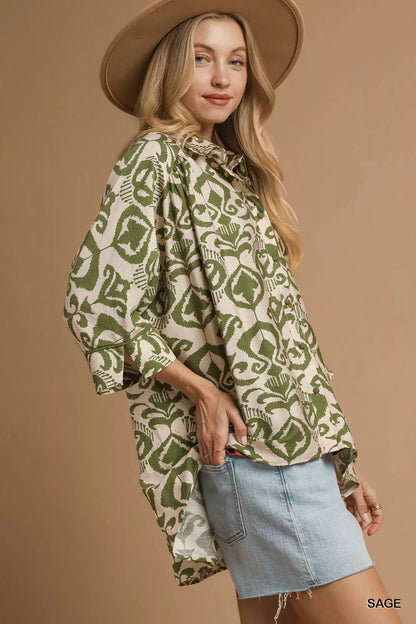 Umgee Abstract Print Button-Up Oversized Shirt FitiqueFit