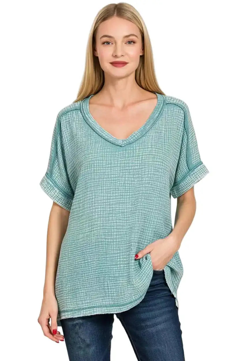 Zenana Acid Washed Double Gauze V-Neck Tee West2East Surf