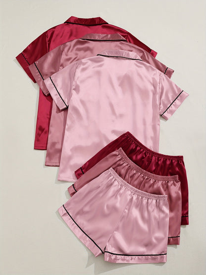 [Three Suits] Multicolor Variety of Short-sleeved Shorts Solid Color Imitation Y Satin PJ Set Women's Two-piece Suit NovaCart