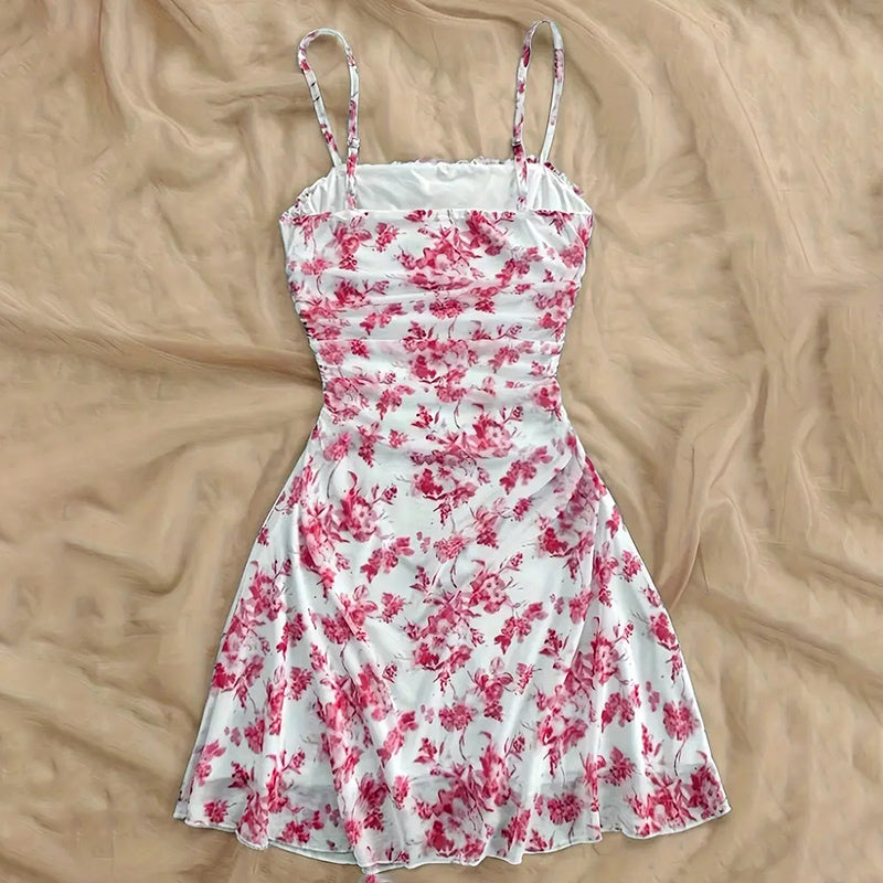 Boho Floral Spaghetti Strap Mini Dress – Ruched Ruffle Hem Vacation Sundress FitiqueFit