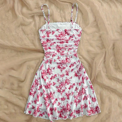 Boho Floral Spaghetti Strap Mini Dress – Ruched Ruffle Hem Vacation Sundress FitiqueFit