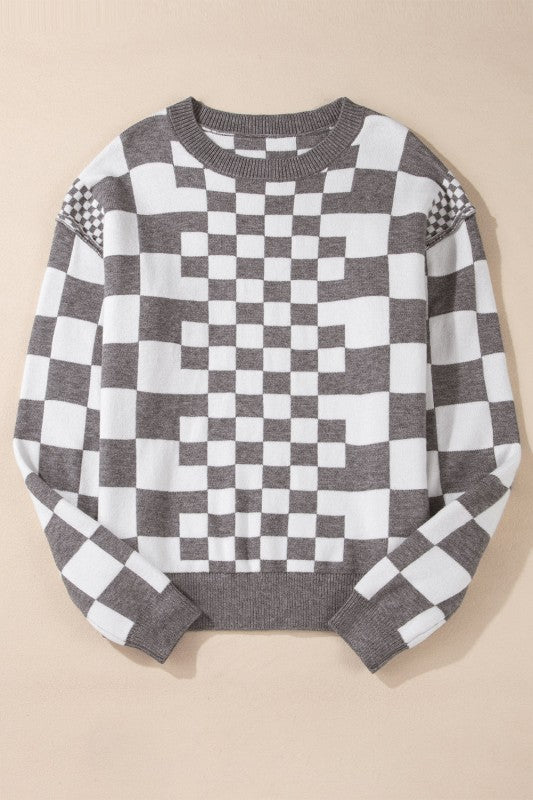 Checker Round Neck Drop Shoulder Sweater Shop Style & More | Fresh Looks, Everyday Deals & Free Shipping