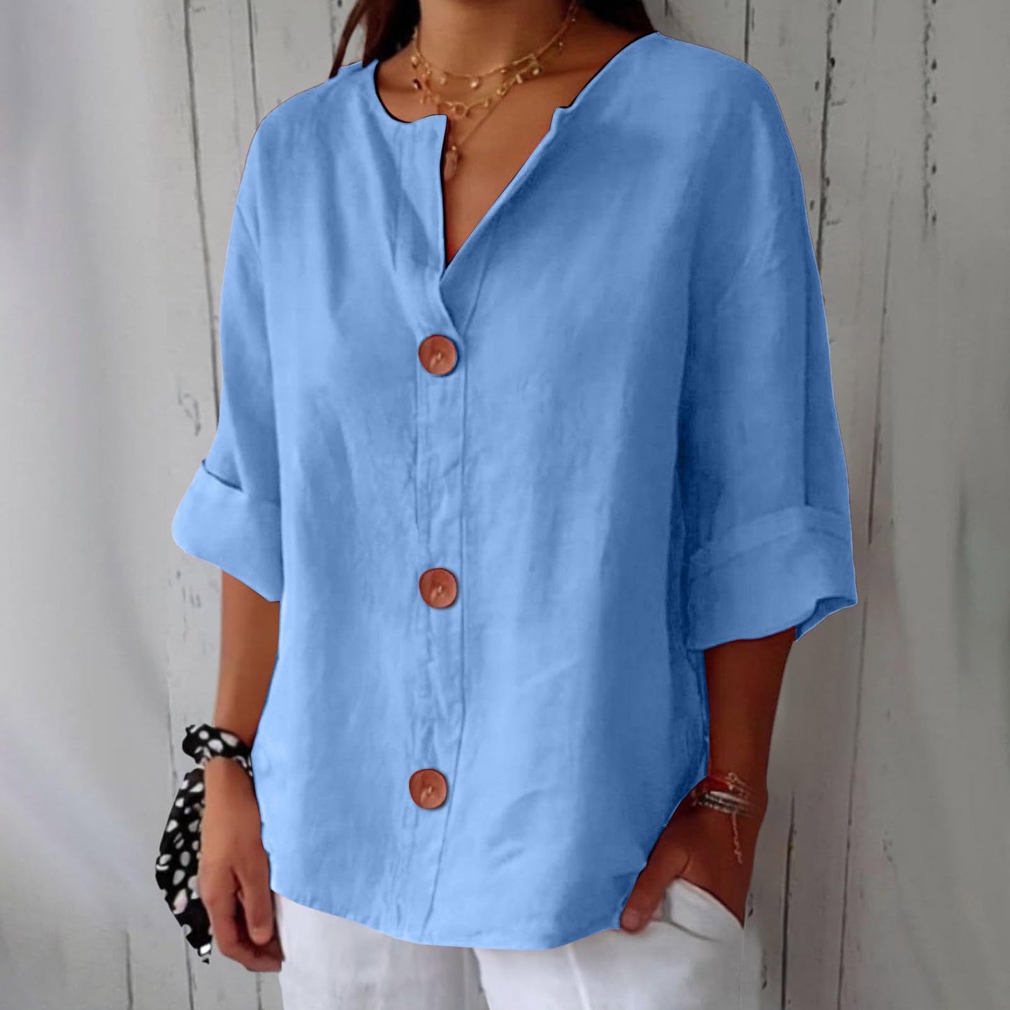 Women's V-Neck Cotton Linen Buttoned Blouse FitiqueFit
