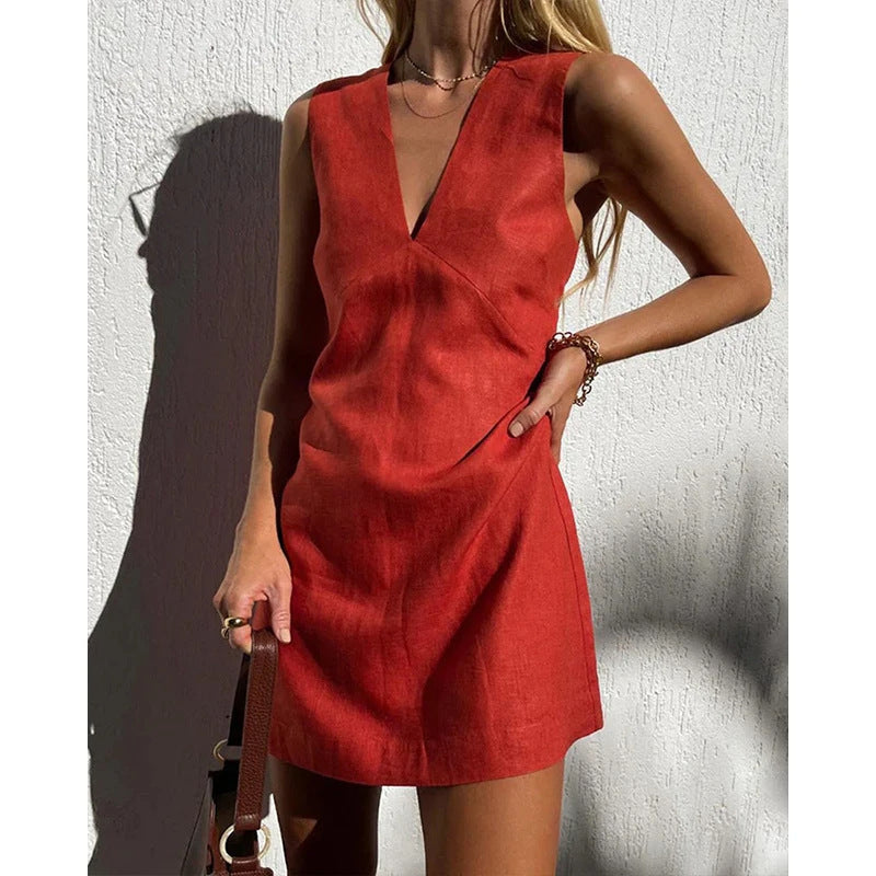 🌿 V-Neck Cotton & Linen Sleeveless Mini Dress FitiqueFit