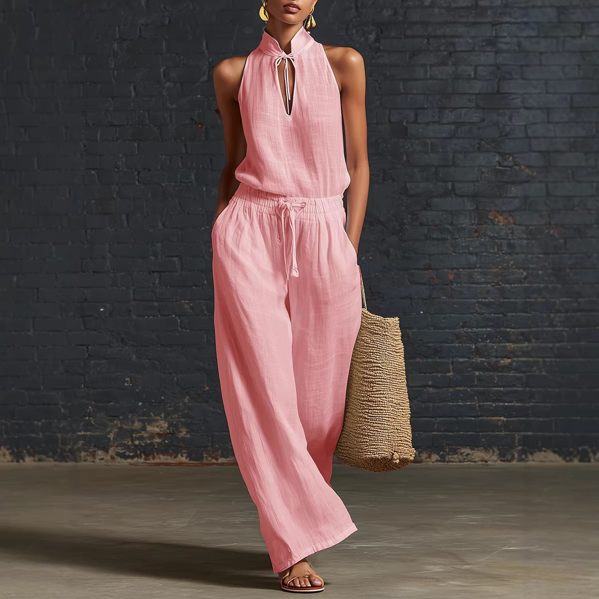 Women's Cotton Linen Sleeveless Top & Wide-Leg Pants Two-Piece Set FitiqueFit