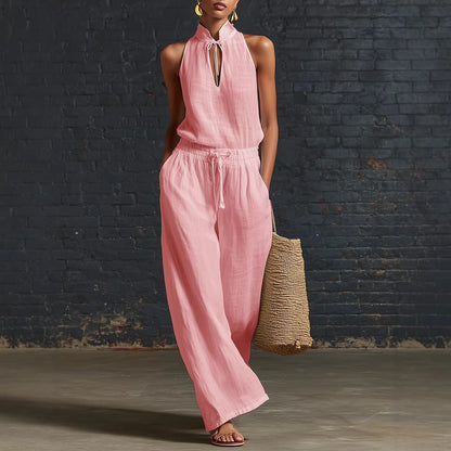 Women's Cotton Linen Sleeveless Top & Wide-Leg Pants Two-Piece Set FitiqueFit