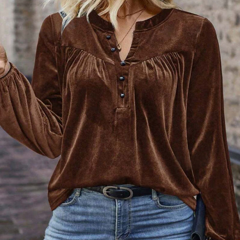 Women's Solid Color V-Neck Button Detail Long Sleeve Pullover FitiqueFit